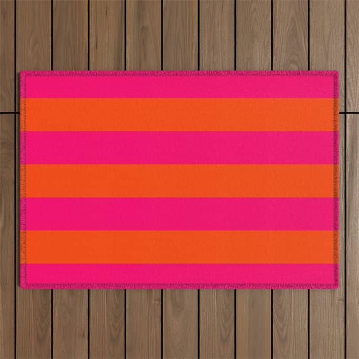 Bright Neon Pink And Orange Horizontal Cabana Tent Stripes Outdoor Rug