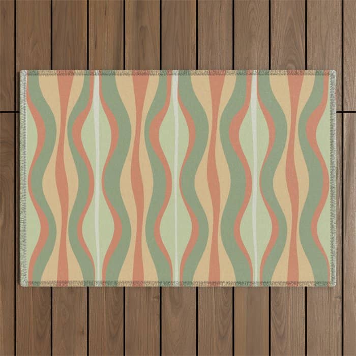 Hourglass Midcentury Modern Abstract Pattern In Sage Green And Apricot Outdoor Rug