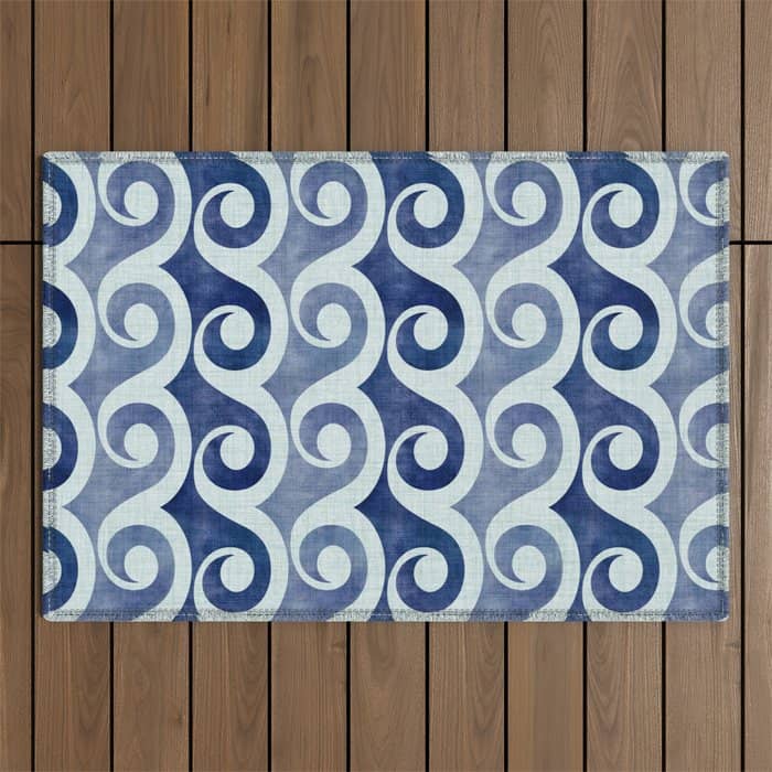 Indigo Geometric Beach Waves Outdoor Rug