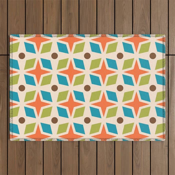 Mid Century Modern Abstract Star Dot Pattern 441 Orange Brown Turquoise Chartreuse Outdoor Rug