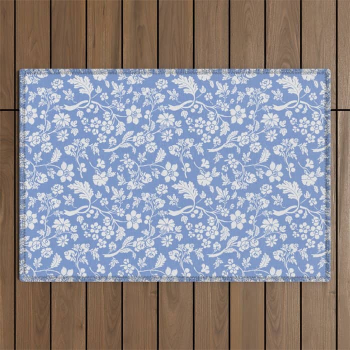 Vintage Style Chintz Florals On Blue Outdoor Rug