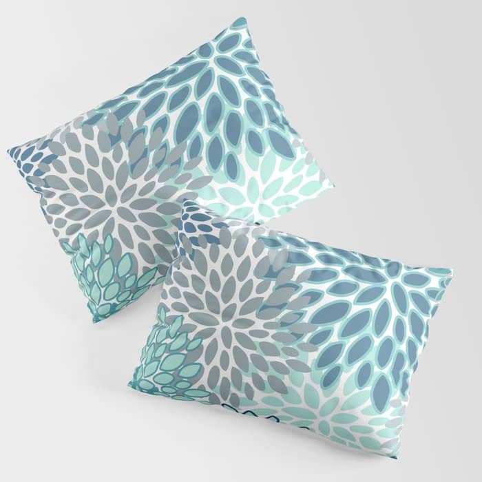 Festive, Floral Prints, Teal, Turquoise And Gray Pillow Sham