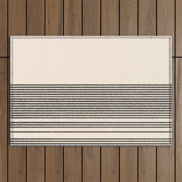 Organic Stripes - Minimalist Textured Line Pattern In Black And Almond Cream Outdoor Rug
