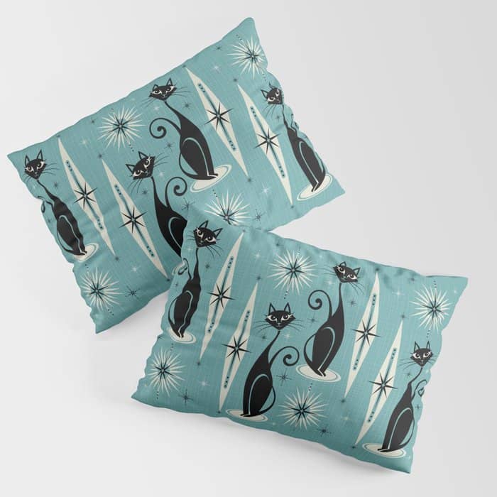Mid Century Meow Retro Atomic Cats On Blue Pillow Sham