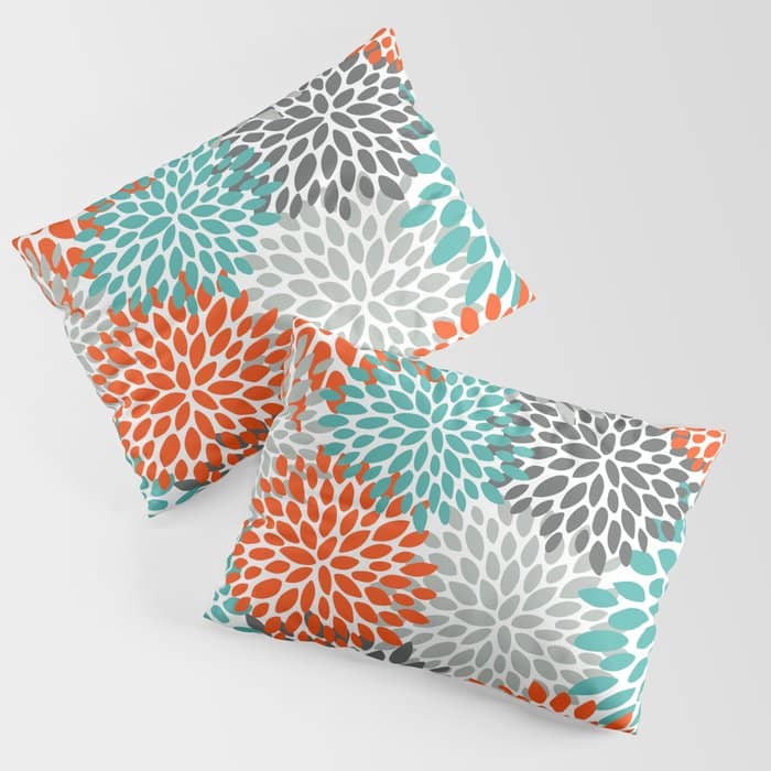 Floral Pattern, Abstract, Orange, Teal And Gray Pillow Sham