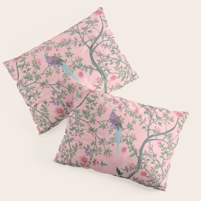 Chinoiserie Pink Fresco Floral Garden Birds Oriental Botanical Pillow Sham