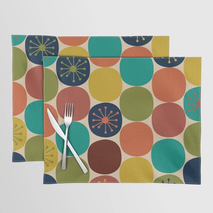 Midcentury Modern Atomic Dot Semi Pattern In Mustard, Olive, Orange, Turquoise, Blue, And Beige Placemat