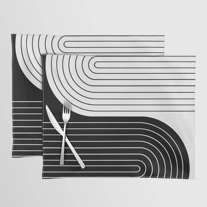 Two Tone Line Curvature Viii Black And White Modern Arch Abstract Placemat