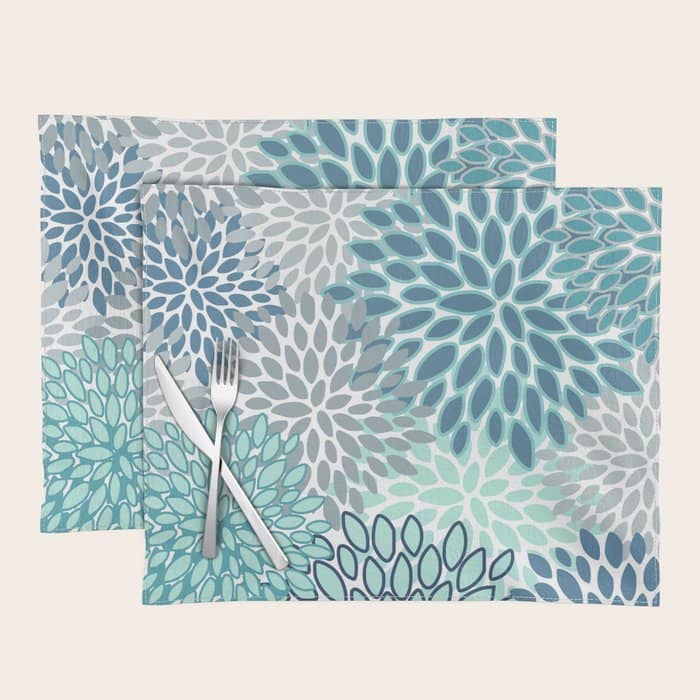 Festive, Floral Prints, Teal, Turquoise And Gray Placemat