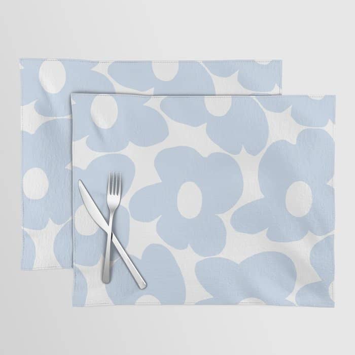 Large Baby Blue Retro Flowers White Background #Decor #Homestorie #Buyart Placemat