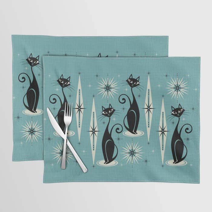 Mid Century Meow Retro Atomic Cats On Blue Placemat