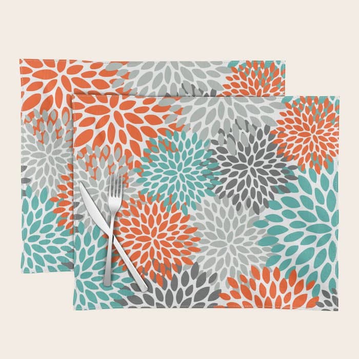 Floral Pattern, Abstract, Orange, Teal And Gray Placemat