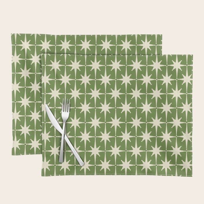Atomic Age Starbursts - Midcentury Modern Pattern In Cream And Retro Green Placemat