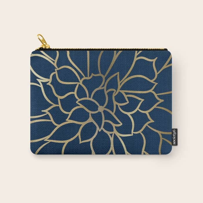 Floral Prints, Line Art, Navy Blue And Gold Carry All Pouch