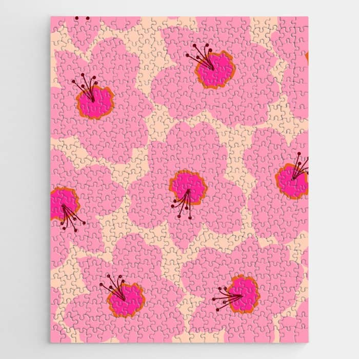 Orange And Pink Retro Floral Jigsaw Puzzle