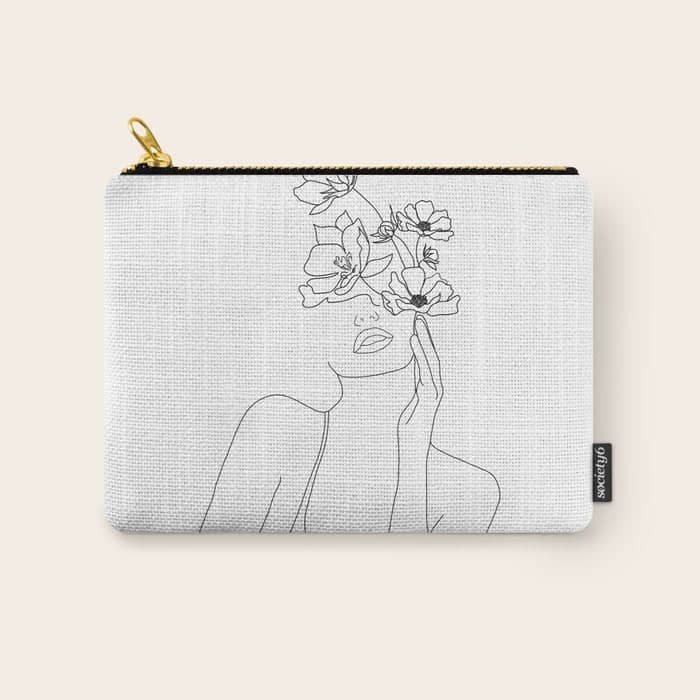 Minimal Line Art Woman With Flowers Carry All Pouch