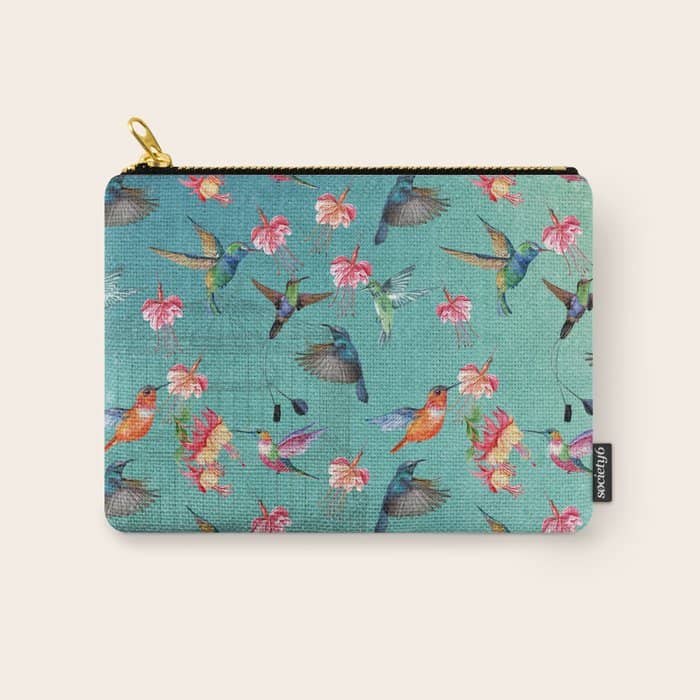 Vintage Watercolor Hummingbirds And Fuchsia Flowers Carry All Pouch