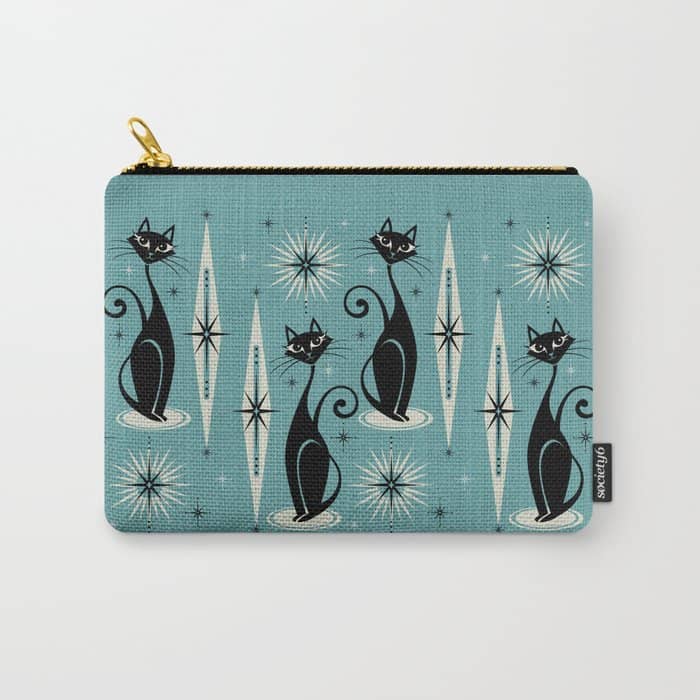 Mid Century Meow Retro Atomic Cats On Blue Carry All Pouch
