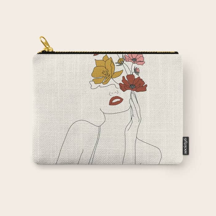 Colorful Thoughts Minimal Line Art Woman With Flowers Carry All Pouch
