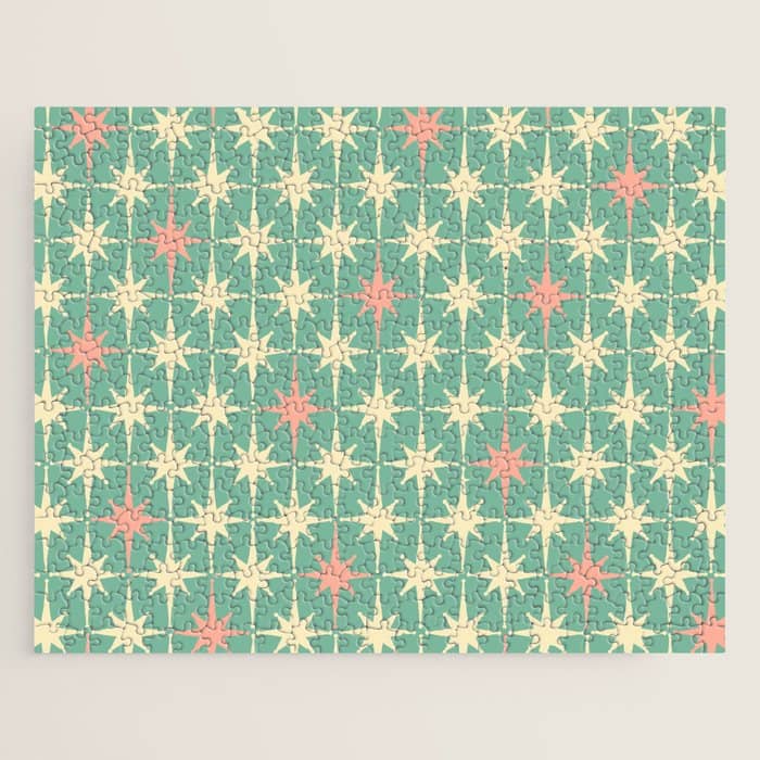 Retro Vintage 50s Stars Pattern In Teal Mint, Pink, And Cream Jigsaw Puzzle