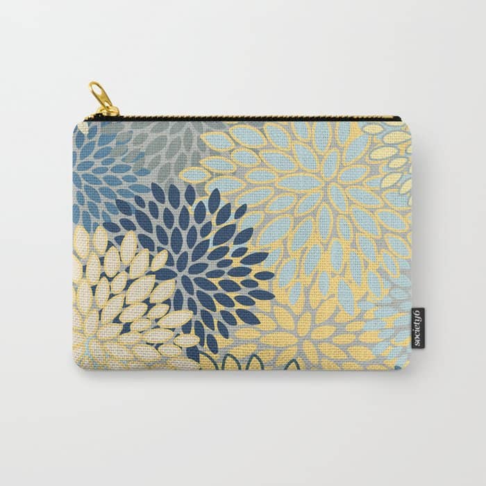 Floral Print, Yellow, Gray, Blue, Teal Carry All Pouch