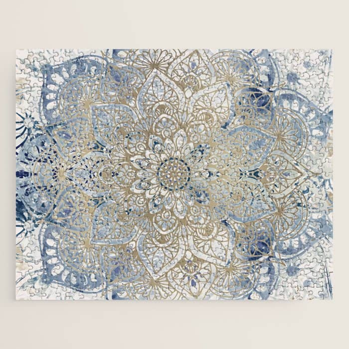 Mandala Flower, Blue And Gold, Floral Prints Jigsaw Puzzle