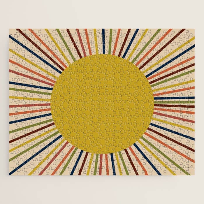 Mid-Century Modern Sunburst - Minimalist Abstract Sun In Mid Mod Mustard, Orange, Olive, Blue, And Beige Jigsaw Puzzle