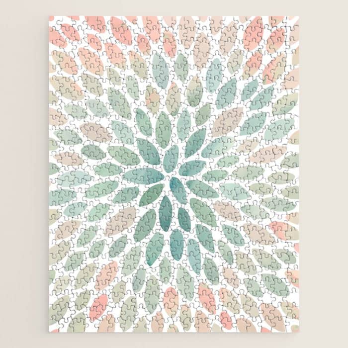 Floral Bloom, Abstract Watercolor, Coral, Peach, Green, Floral Prints Jigsaw Puzzle
