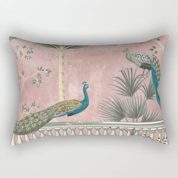 Chinoiserie Blush Pink Peacock Palm Fresco Garden  Rectangular Pillow