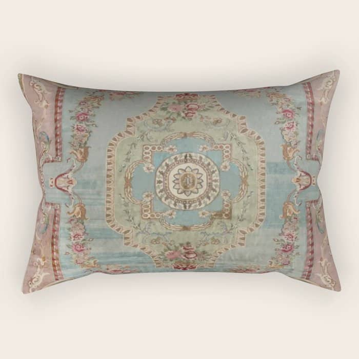 Antique French Rose Blue Aubusson  Rectangular Pillow