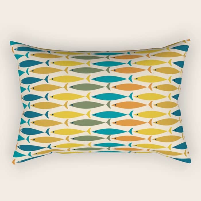 Mid-Century Modern Fish Stripes In Moroccan Teal, Green, Orange, Mustard, And Cream Rectangular Pillow