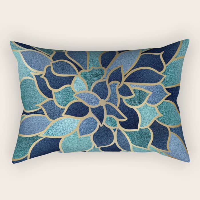 Festive, Floral Prints, Navy Blue, Teal And Gold Rectangular Pillow