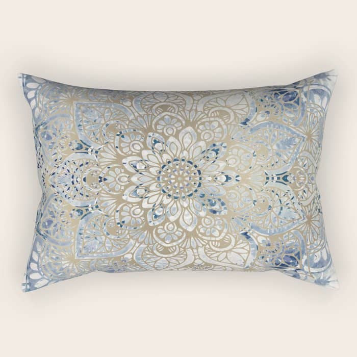 Mandala Flower, Blue And Gold, Floral Prints Rectangular Pillow