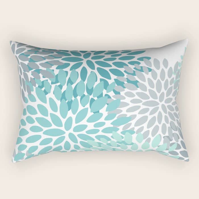 Floral Pattern, Aqua, Teal, Turquoise And Gray Rectangular Pillow