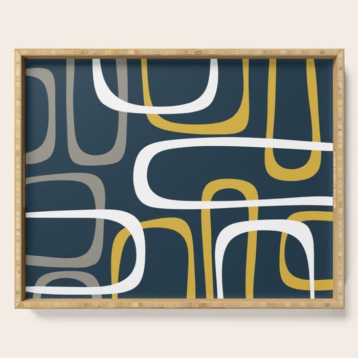 Mid Century Modern Loops Pattern In Light Mustard Yellow, Navy Blue, Gray, And White Serving Tray