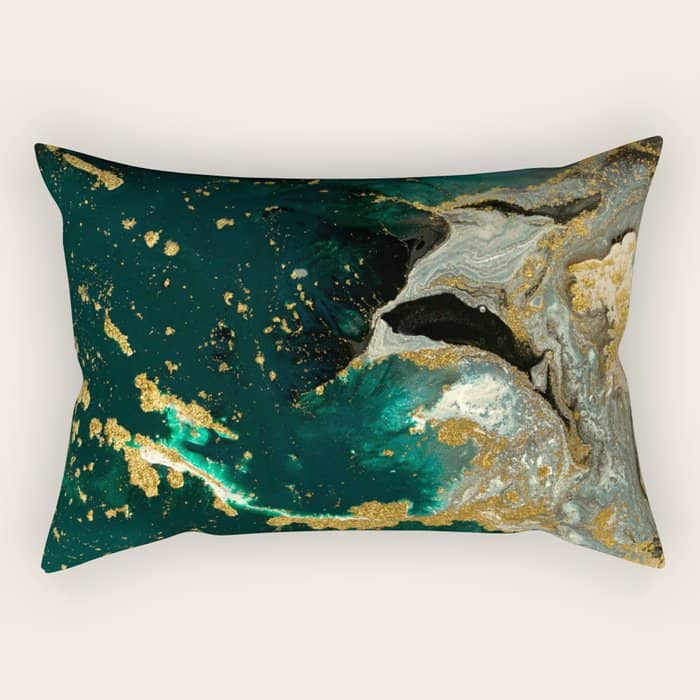 Abstract Pour Painting Liquid Marble Abstract Dark Green Painting Gold Accent Agate Stone Layers Rectangular Pillow