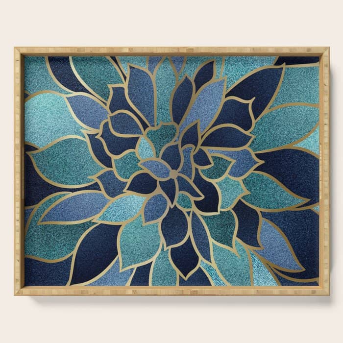 Festive, Floral Prints, Navy Blue, Teal And Gold Serving Tray