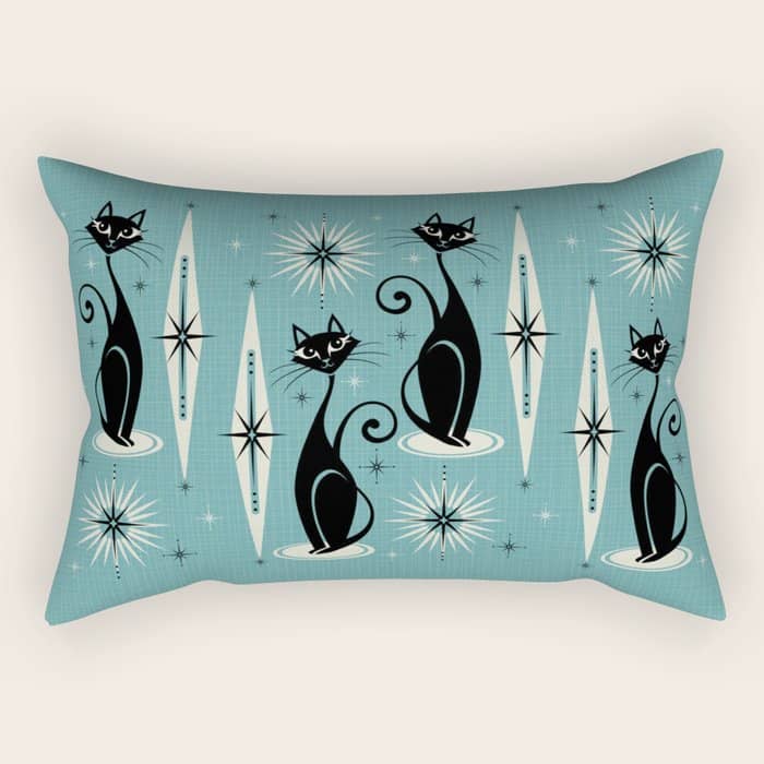 Mid Century Meow Retro Atomic Cats On Blue Rectangular Pillow