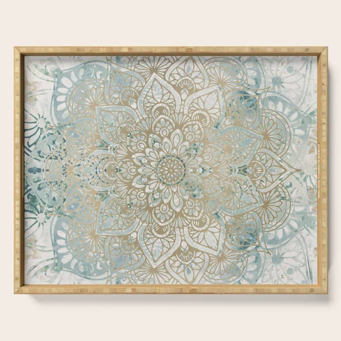 Yoga, Mandala, Teal And Gold, Wall Art Boho Serving Tray
