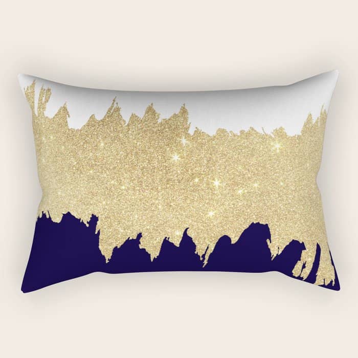 Modern Navy Blue White Faux Gold Glitter Brushstrokes Rectangular Pillow