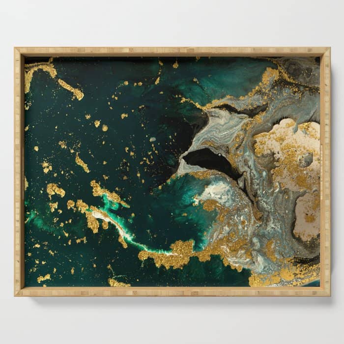 Abstract Pour Painting Liquid Marble Abstract Dark Green Painting Gold Accent Agate Stone Layers Serving Tray