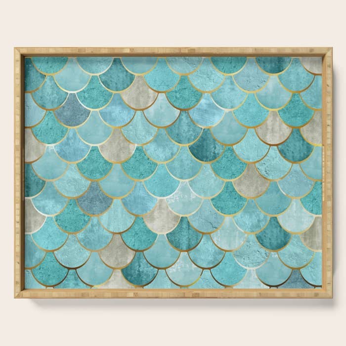 Moroccan Mermaid Fish Scale Pattern, Aqua,Teal Serving Tray