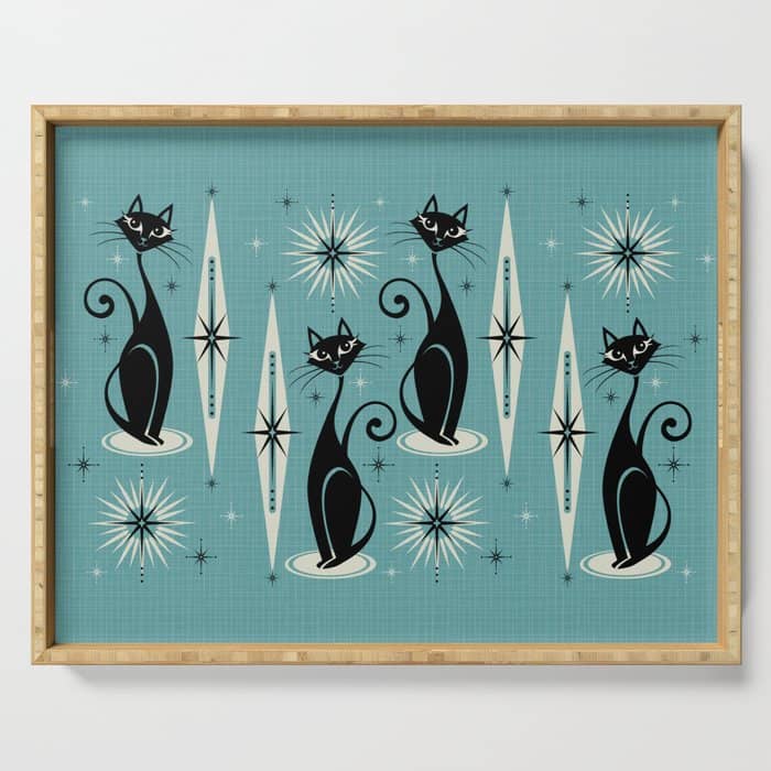 Mid Century Meow Retro Atomic Cats On Blue Serving Tray