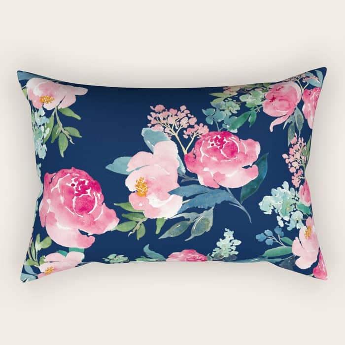 Navy And Pink Watercolor Peony Rectangular Pillow