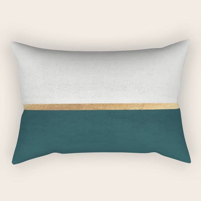 Deep Green, Gold And White Color Block Rectangular Pillow