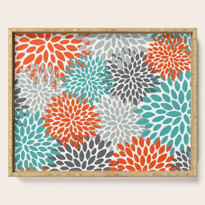 Floral Pattern, Abstract, Orange, Teal And Gray Serving Tray