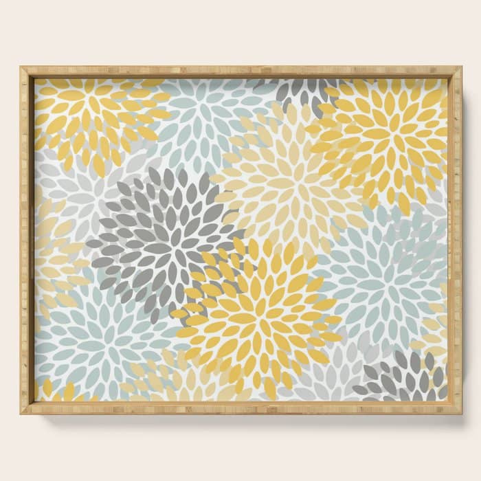 Floral Pattern, Yellow, Pale, Aqua And Gray Serving Tray
