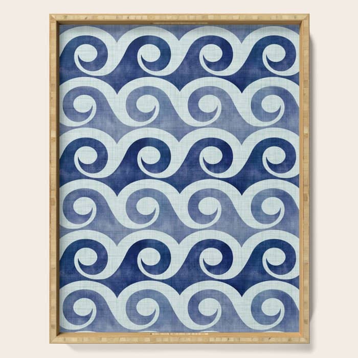 Indigo Geometric Beach Waves Serving Tray