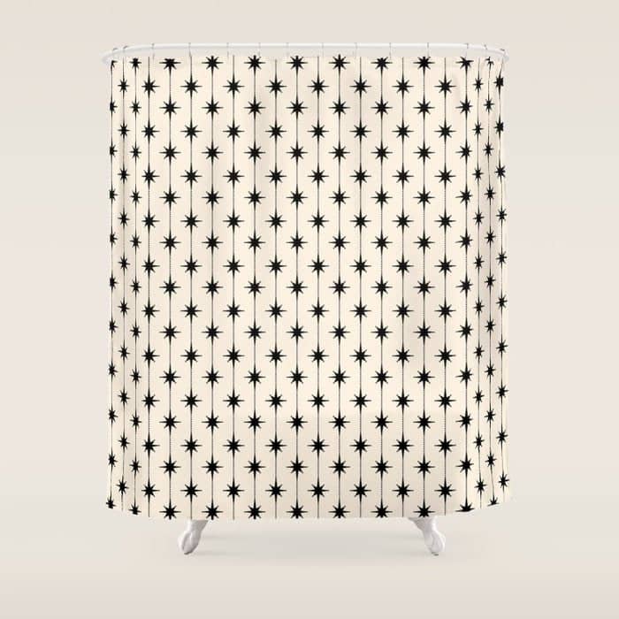 Midcentury Stars And Dots Classic Pattern In Black And Almond Cream Shower Curtain