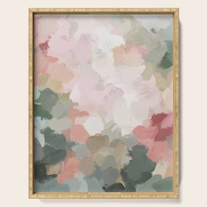 Time To Bloom - Forest Green Fuchsia Blush Pink Abstract Flower Spring Painting Art Serving Tray